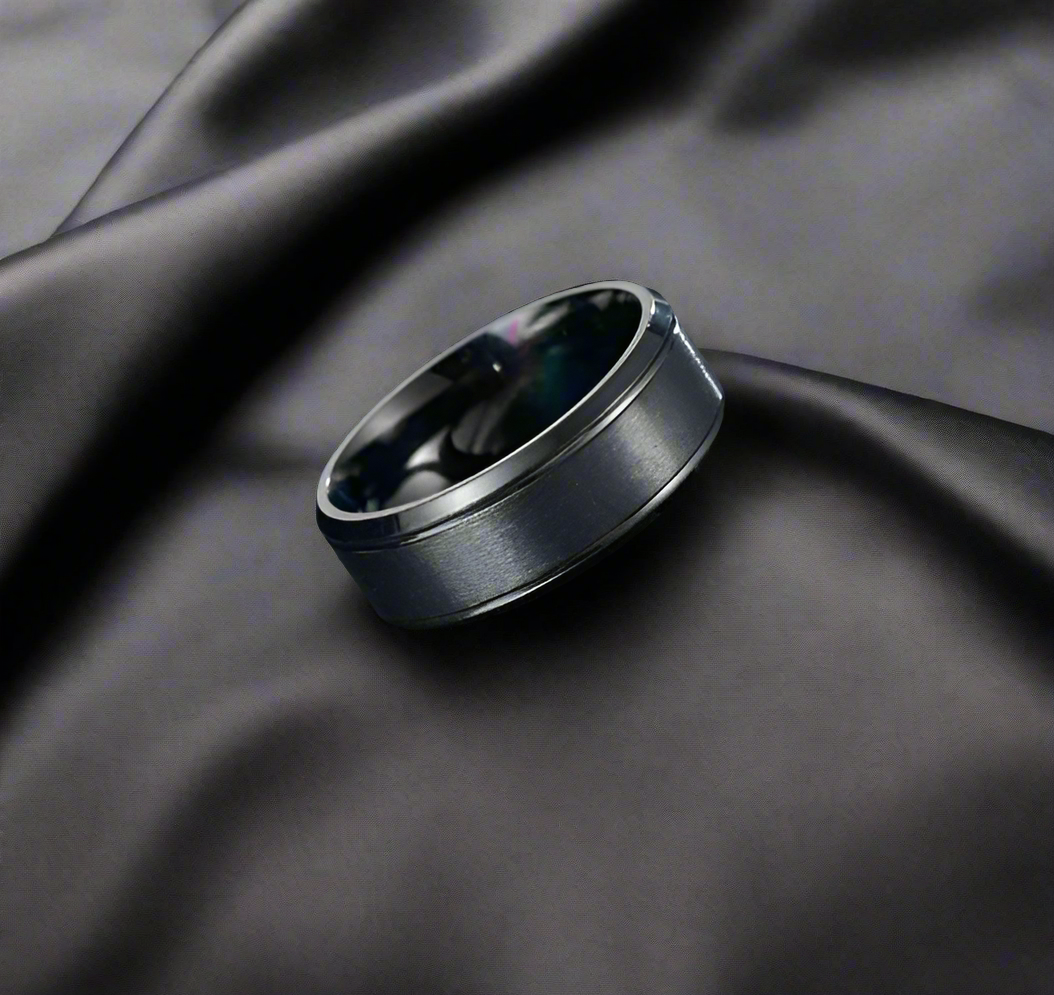 Black Stainless Steel Wide Matte Double Beveled Ring