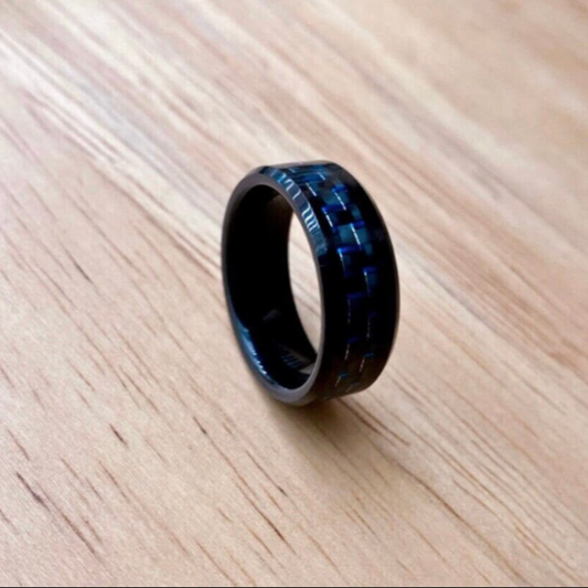 Black With Blue Accents Tungsten Comfort Fit Ring